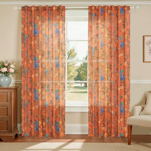Image of JOOJA 90 Inch Boho Floral Curtains Tropical Bird Print Linen Semi Sheer Window Drapes for Kitchen, Bedroom, Bathroom, Living Room, Dining Room, Terracotta