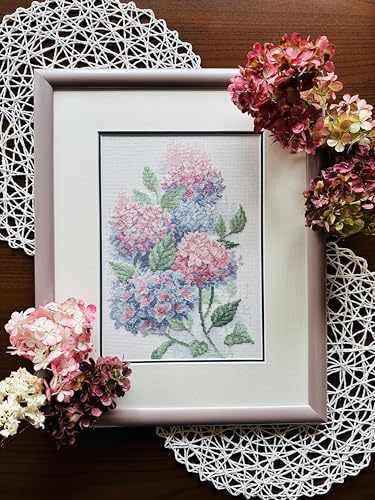 Image of RIOLIS - Graceful Hydrangeas 2139, Cross Stitch Kits 8 inch x 11 inch, Cross Stitch Kits for Adults, Floral Counted Cross Stitch Kits, Embroidery Kit for Beginners & Advanced, Crossstitching Kits