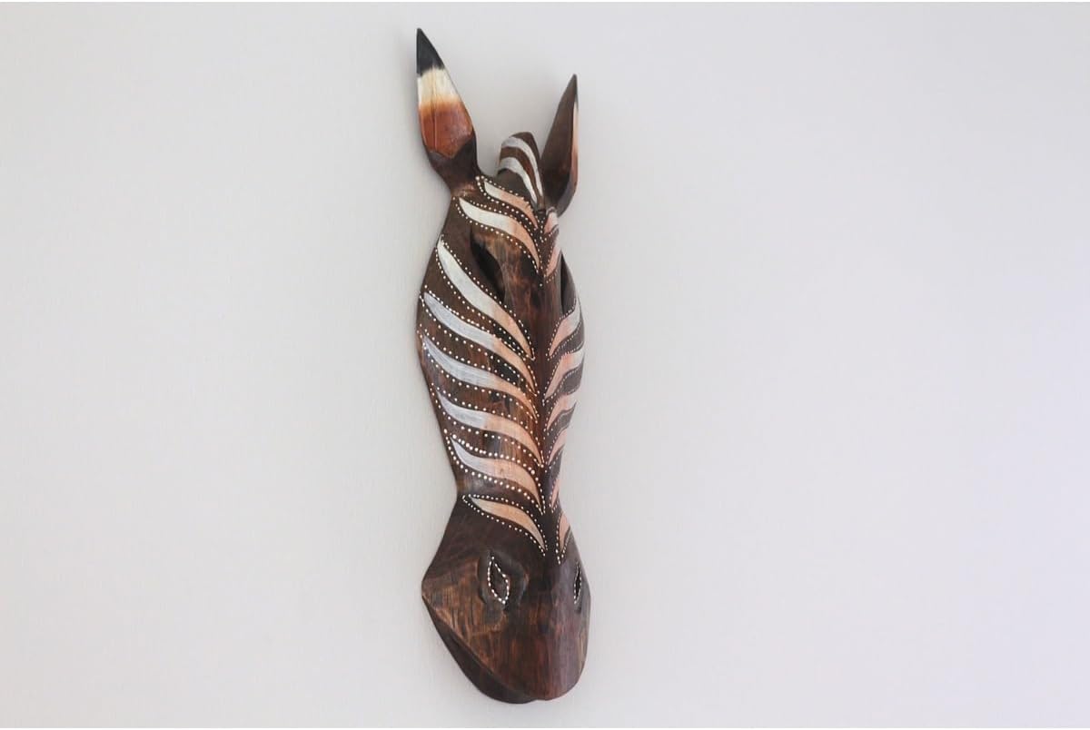 SODEF Wooden Mask Zebra Striped 19.7 in Wall Decor Authentic Decorative Mask for Living Room, Office - Brown, 5x20 inch