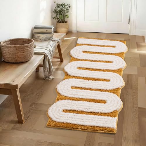 POTSKY Geometric Design Boho Runner Bathroom Rugs, Long Scalloped Cute Bath Mat Non Slip for Bedroom Kitchen Hallway Laundry Room, Funky Retro Farmhouse Bath Rug Washable, Mustard Yellow, 51"x20"