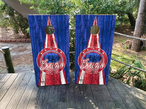 Pair of Waterproof Cornhole Board Wraps- Decals ONLY- Buffalo Sports Colors (Wood Grain) - Laminated - Easy to Apply