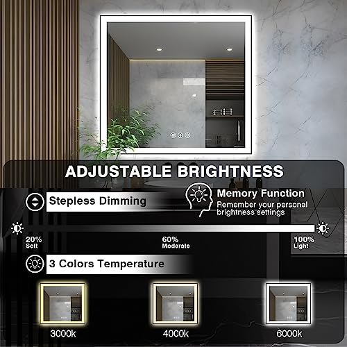 36x36 Square LED Bathroom Mirror - Black Aluminum Framed (Front and Backlit), Anti-Fog Vanity Mirror with Lights, Stepless Dimmable Lighted Mirror,3 Colors Smart Mirror(Horizontal/Vertical)