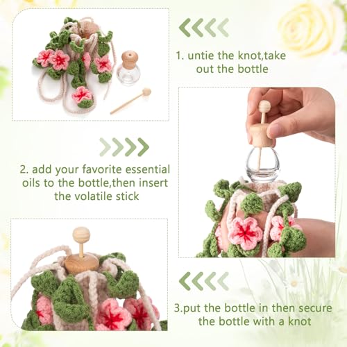 Image of DaisyInner Cute Crochet Plant Car Freshener 12ml Empty Refillable Diffuser Bottle with Plants Hanging Accessories for Ornaments Charms Rearview Mirror Home Office Decor Women Gifts(Cherry Blossoms)