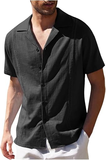 Mens Casual Button-Down Shirts Short Sleeve Cotton Linen Shirts Beach Summer Shirt Fashion Vacation Blouse