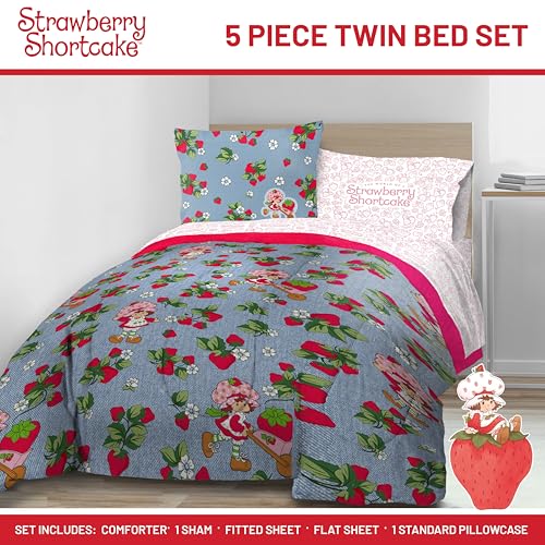 Image of Strawberry Shortcake Twin Comforter Set 5 Piece Kids Bedding, Blue