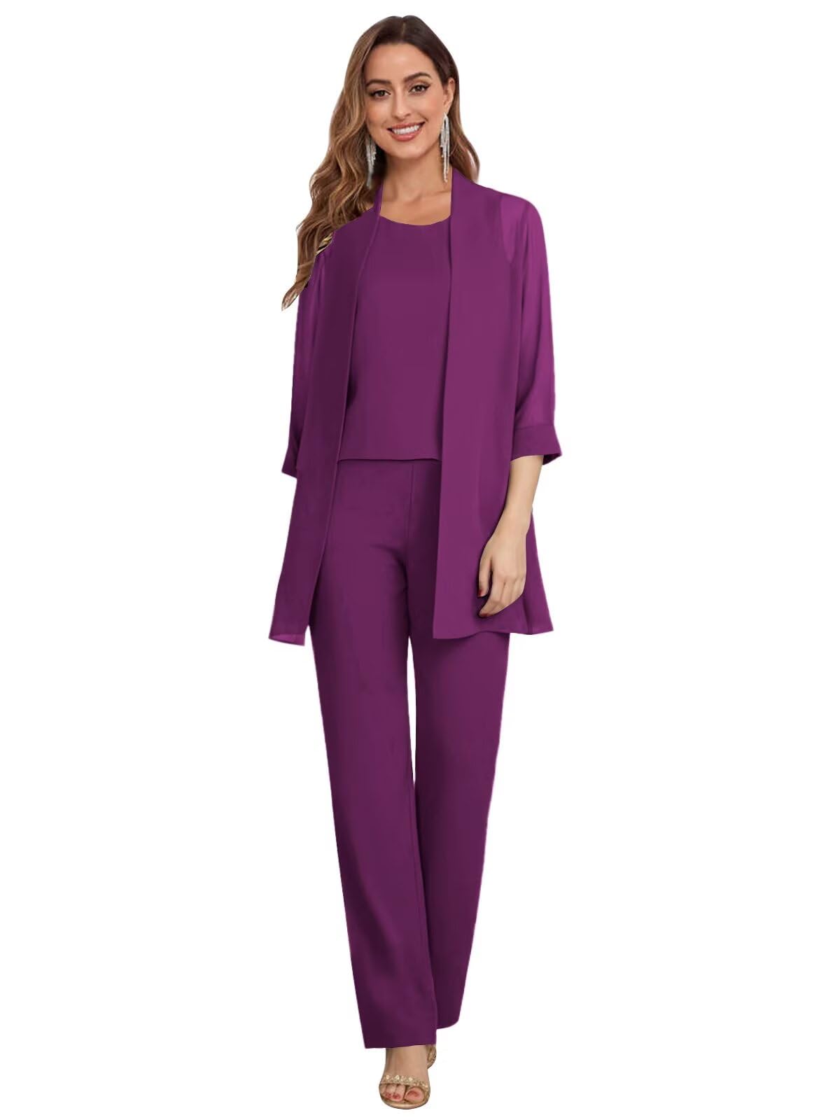 3 Piece Mother of The Bride Pant Suits with 3 4 Sleeves for Wedding Chiffon Formal Evening Pantsuits