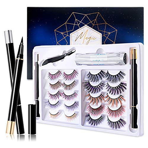 Magnetic colored False Eyelash & Eyeliner Kit 10 pairs-Party & Nature style-Equipped with 6 Colored Eyeliner&Makeup removal cotton stick-No Glue Needed-Meet the needs of a changeable makeup