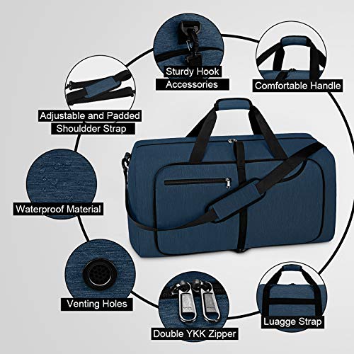 Travel Duffel Bag 65L Foldable Weekender Overnight Bags for Men Women Waterproof Sports Gym Bag with Shoes Compartment Holdall Weekend Bag Blue