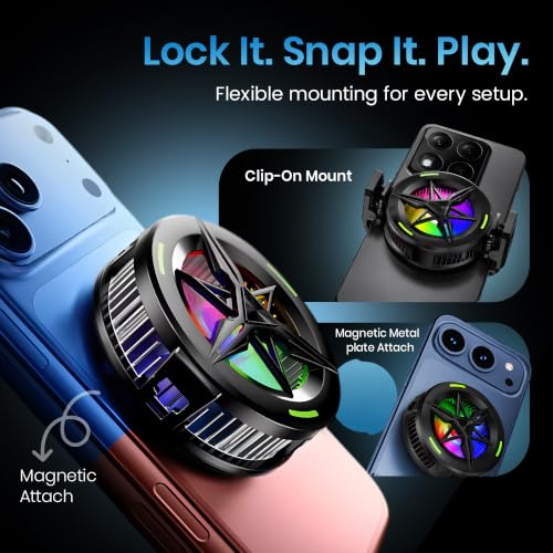 Image of PunnkFunnk Phone Cooler for Gaming, 5000 RPM 7-Blade Fan, RGB Light, Semiconductor Cooling Chip, Type-C Powered, LED Display, Clamp Mount Mobile Cooling Fan for Android & iOS (Black Max)