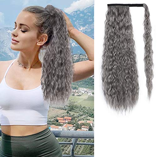 Stamped Glorious Long Corn Wave Ponytail Extension Magic Paste Heat Resistant Wavy Synthetic Wrap Around Ponytail Black Hairpiece for Women (22inch, 4/171#)