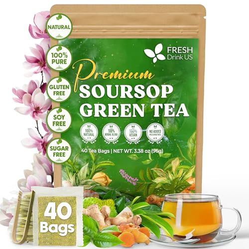 Image of FreshDrinkUS, Premium 40 Tea Bags Soursop Green Tea, 100% Natural & Proprietary Blend from Soursop Leaves and Green Tea. Smooth Flavor. Made with Eco-Conscious Tea Bags. No Additives No Sugar, Vegan.