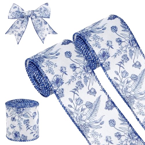 Floral Blue Wired Ribbon 2.5 Inch Chinoiserie Flower Ribbon 2 Rolls 10 Yards Vintage Blue Decorative Ribbons for Gift Wrapping Wreath Bouquet Bow Making DIY Crafts Holiday Home Party Supplies