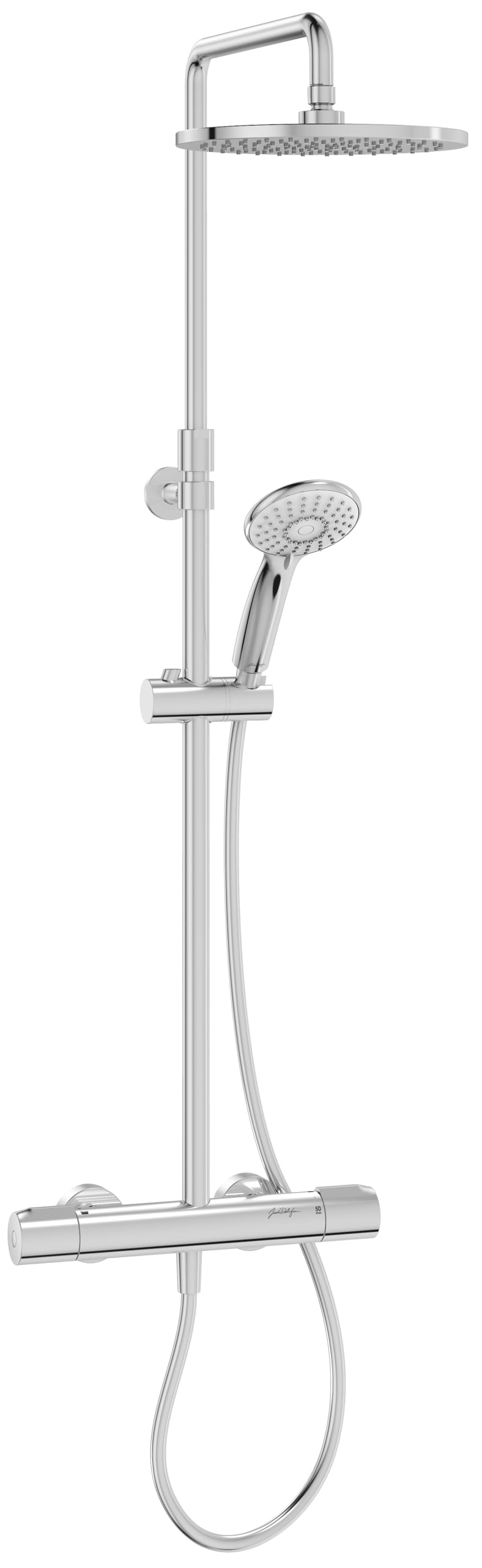 Jacob Delafon Colonne de Douche Thermostatique Juliette, Tête 25cm, Chrome | Butée anti-brulure 38°C. Canne réglable. Douchette 3 Jets. Débit 10L/min