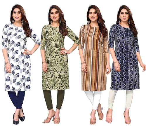 Image of JAKHANA Women's Crepe Printed Casual Straight Calf Length Round Nick Kurta Pack of 4