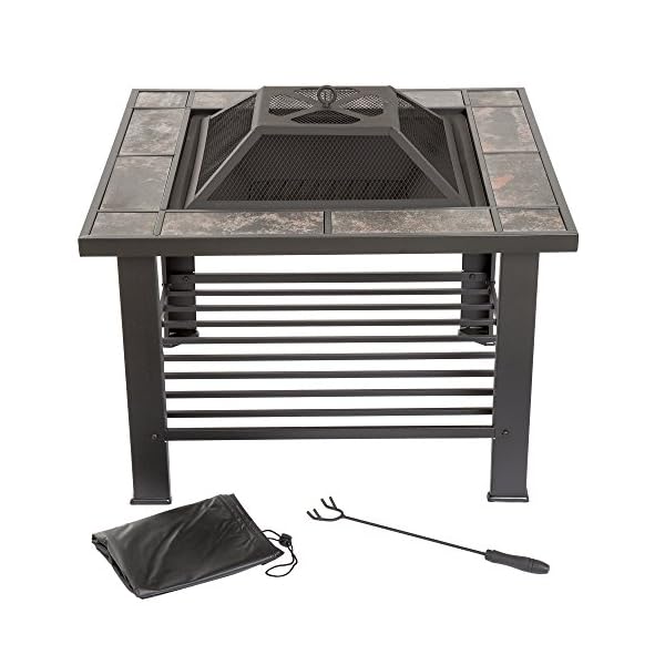 Pure Garden 50-104 Table – 30-Inch Square Wood Burning Bonfire Pit with Marble Edge, Spark Screen, Tile Fire Bowl Cover, Log Poker (Black)