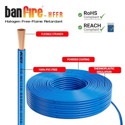Image of KEI BANFIRE- HFFR 2.5 sqmm 1 Core 99.97% Pure Copper Conductor Heat Resistant Flame Retardant Low Smoke & Halogen - Lead Less House Wire for Domestic & Industrial Electrical Wiring (Blue,90 Meters)