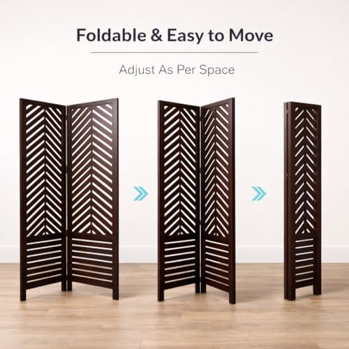 Image of Wooden Room Divider 6 Feet, 4-Panel Folding Wooden Partition for Living Room, Office, Pooja Room, Restaurant, Kitchen & Balcony (2W x 1.82H Meters). (Brown-Lattice Pattern).