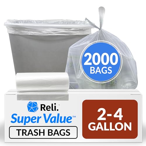 Reli. 2-4 Gallon Trash Bags | 2000 Bags | Clear | Bathroom | Strong | Garbage