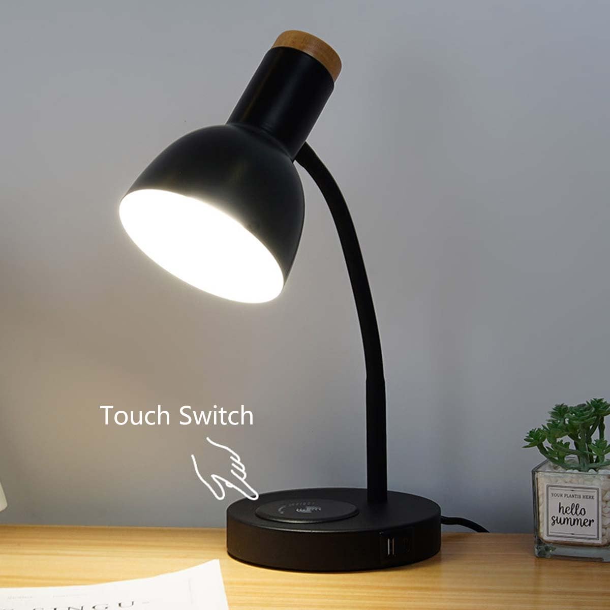 AoLa Lampa biurkowa z przełącznikiem dotykowym, Regulowana lampa biurkowa na gęsiej szyi ze złączem ładowania bezprzewodowego i USB Lampa stołowa z wtyczką i kablem E27 Lampka nocna