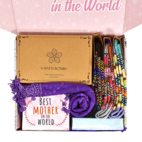 Best Birthday Gift for Mom. Includes: Set Of 6 Bath Bombs, Ring Holders For Jewelry, Best Mom Coffee Mug, Warm Socks And Women Scarf. Gifts For Mom From Daughter Or Son on Mother\'s Day.