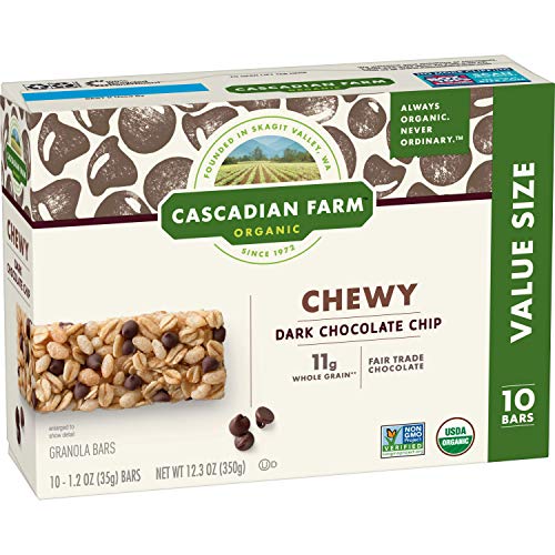 Cascadian Farm Chewy Granola Bar Organic non-GMO Chocolate Chip 10, 1.2 oz Bars