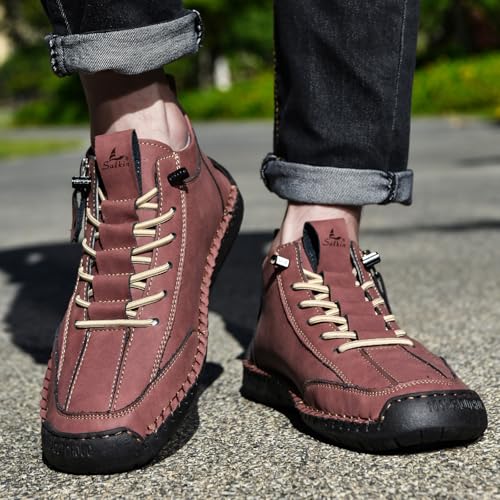 Mens Casual Leather Shoes Ankle Chukka Boots Mid top Handmade Side Zipper Slip On Loafers Lightweight Walking Driving Shoes4