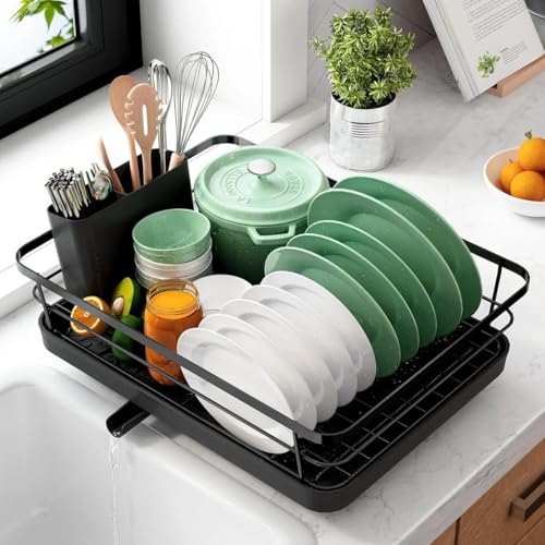Image of HomeWiz Large Dish Drying Rack | Utensils Drying Rack for Kitchen with Spoon Holder | Kitchen Rack with Built-in Drain Outlet | Heavy Duty Bartan Stand | Forever Rust-Free | 43x32x13 cm | Black