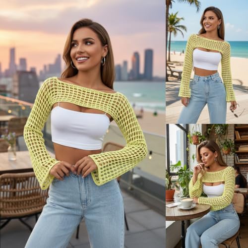 Image of Womens Crochet Shrug Y2K Hollow Out Bolero Shrug See Through Cropped Knit Sweater Top