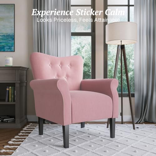 Image of BELLEZE Modern Accent Chair, High Back Armchair, Upholstered Wingback Side Chair, Padded Single Sofa with Wooden Legs for Living Room, Bedroom - Pink