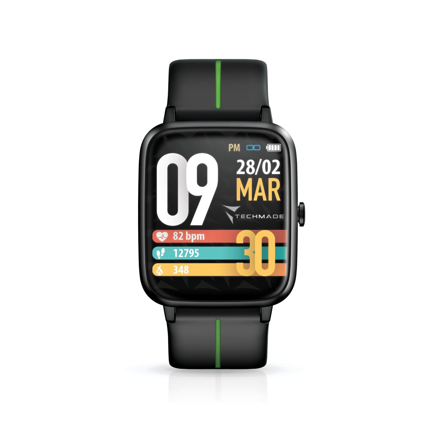 TECHMADE MOVE Smartwatch Unisex con Contapassi, Frequenza Cardiaca, Sonno, Sport CON GPS INTEGRATO, per attività in door e out door | Android e iOS (cinturino nero con riga verde)