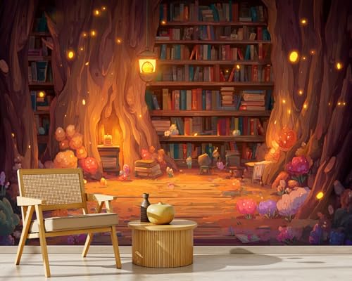 Peel and Stick Wallpaper Serene Tree Hollow Library Golden Sparkles