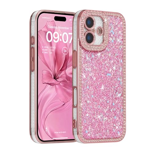 FABSPARK Case for iPhone 17,Glitter Crystal Diamond Rhinestones Sequin Shiny Bling Sparkly Glossy Luxury Electroplated Case,Aesthetic Cute Full Protection for iPhone 17,Pink