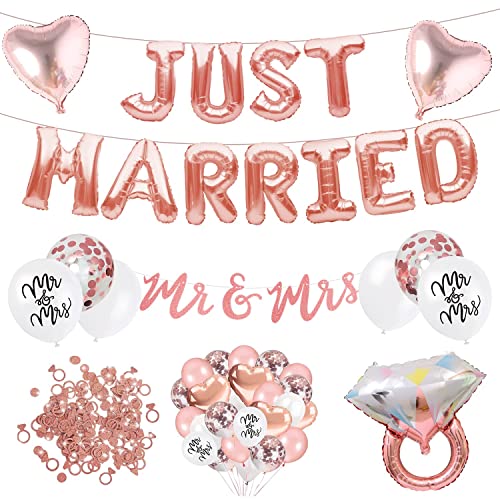 Just Married Deko XXL Set - 59 Teile - Hochzeit Dekoration - Mr to Mrs Girlande, Ballons, Tischdeko, Heirat - rose, weiß Cover