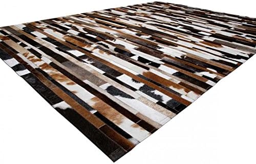 Cowhide Patchwork Rug Tricolor Stripes Design 5x8 ft Black Brown Beige