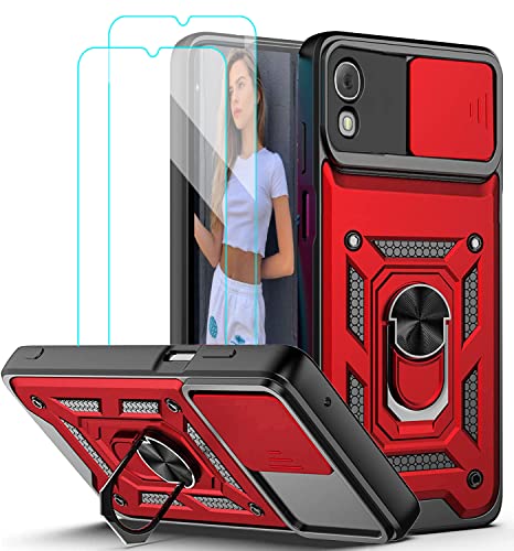 Suordii For Alcatel Tcl 30 Z T602Dl Case, Tcl 30 Le Case, With Tempered Glass Screen Protector [2 Pack], Dual Layer Hybrid Shockproof Ring Holder Kickstand Phone Case Cover For Tcl 30Z - Red #TOP25
