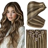 Ve Sunny Human Hair Clip in Extensions Highlight Brown with Blonde Clip in Hair Extensions Real Human Hair Thick End Remy Hair Clip Extensions for Women 120g 16inch 7Pcs