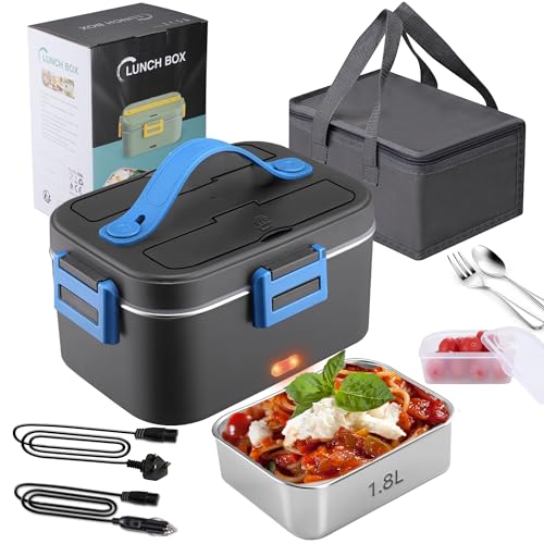 Fitamilia Electric Lunch Box Food Heater 75W Portable Heated Lunch Box for Adults 3 in 1 Portable Food Warmer 220V/12V/24V, with 1,8L Removable Stainless Steel Container&Bag(Blue)
