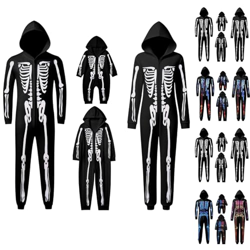 Pijama Enterizo Familiar de Halloween con Capucha y Cremallera, Mono Unisex de Casa para Adultos y Niños, Conjunto de Disfraces Cómodo y Suave