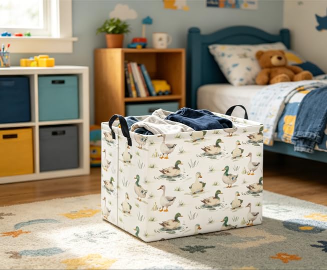 Image of Rectangular Baby Kids Storage Basket for Home Kitchen Girls Cute Toy Storage Bin Organizer Shelf Book Room Decor(Duck)