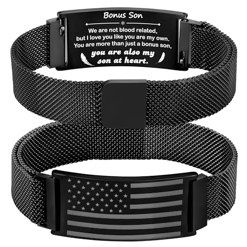 Jesvo Bonus Son Bracelet Gifts American Flag Black Stainless Steel Band Bracelets Wrist Jewelry Christmas Birthday Valentines Fathers Day Gifts Ideas Presents Teenage Boys Adult Him