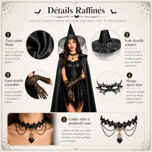Ensemble 5 Pièces Déguisement Sorciere Femme Cape Noire et Chapeau – vue 3