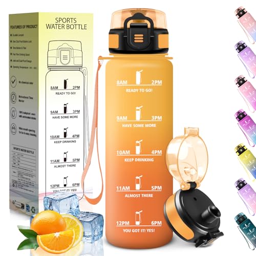 HoneyHolly Botella Agua, 1L, Marcador de Tiempo, Portátil, Cantimplora, Libre de BPA, Botella Agua Gimnasio, A Prueba de Fugas, Water Bottle para Gimnasio, Ciclismo, Oficina y Exteriores