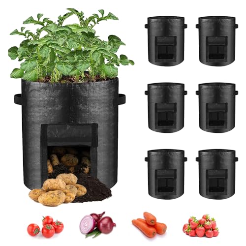 LITLANDSTAR 6 Pack Potato Grow Bags, 10 Gallon Grow Bags Garden Planting Bags with Flap Windows and Handles, Vegetable Grow Bags for Potato, Onion, Tomato, Carrot (Black)