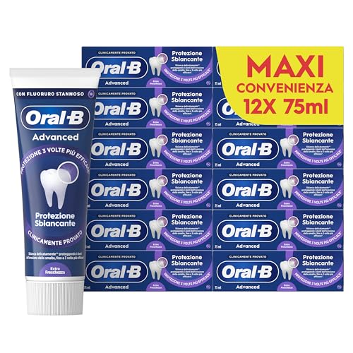 Oral-B Dentifricio Advanced Protezione Sbiancante12x75ml, Dentifricio Sbiancante Denti Formato Convenienza, Pulizia Denti Efficace, Alito Fresco, Sapore Eucalipto Menta Piperita