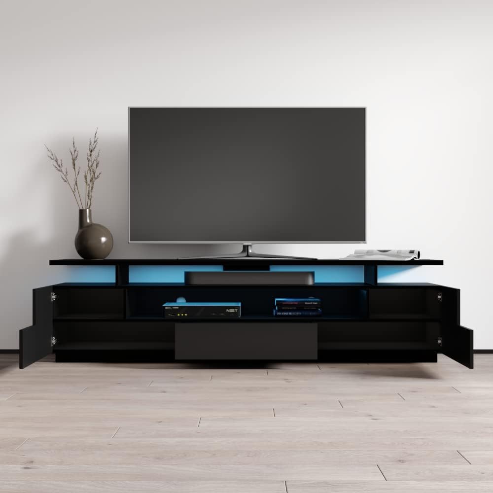 Meble Furniture Eva TV Stand for TVs up to 85" — High Gloss Entertainment Center with LED Lighting and Storage Cabinets — Black, 77" W