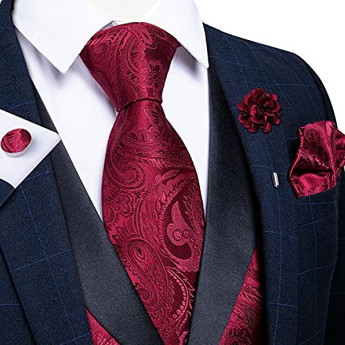 Dibangu Mens Red Paisley Vest And Tie For Christmas Party Wedding 7Pcs Silk Jacquard Shawl Lapel Tuxedo Waistcoat Necktie Vest Suit Set #TOP2