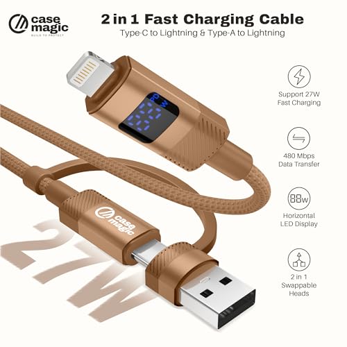 Image of Case-Magic 2-in-1 USB-A & Type-C to Lightning Cable (1M /3.3Ft) 27W Fast Charging, LED Display, 480Mbps Data, Durable Nylon Braided Cord for iPhone 14 /13 /12 /11 /XS /XR /8 /SE, iPad| Universal& Travel-Ready