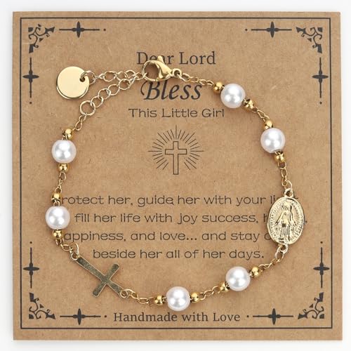 Image of Catholic Cross Bracelet for Girls Charm Bracelet Jewelry Gift for Women First Communion Baptism Confirmation Gifts for Girls Stainless Steel Imitation Pearl Rosary Bracelet (Gold)
