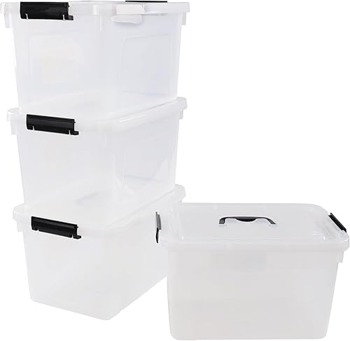 4 paquetes de contenedores de almacenamiento de plástico con tapa de 10 L, caja de almacenamiento transparente con asa