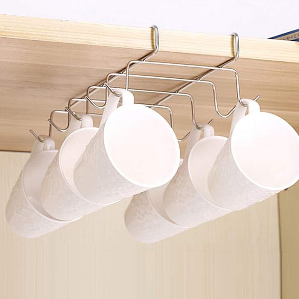 FASTUNBOX (LABEL) Stainless Steel Under Shelf Cabinet Rack for Coffee Cup, Mug, Wine Glass, Cup Stand for Kitchen, Hanger Rack, 10 Hooks for Hanging
